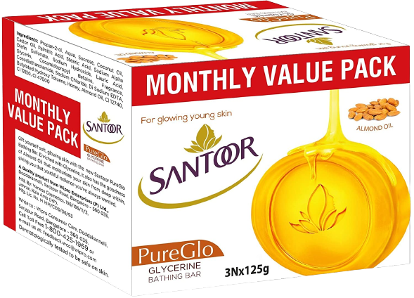 SANTOOR PUREGLO BATHING BAR ALMOND OIL & GLYCERINE