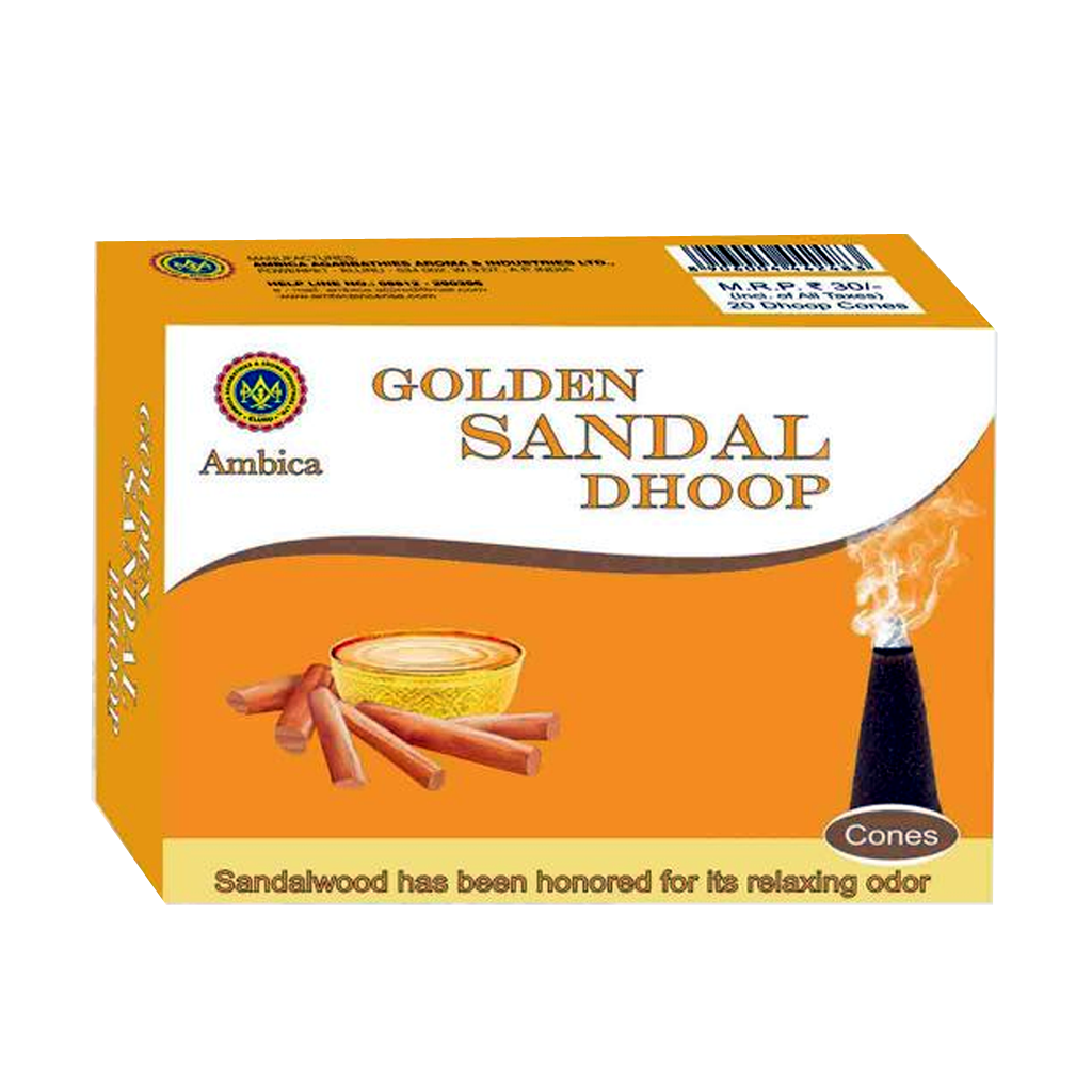 AMBICA GOLDEN SANDAL DHOOP 20S CONES PACK
