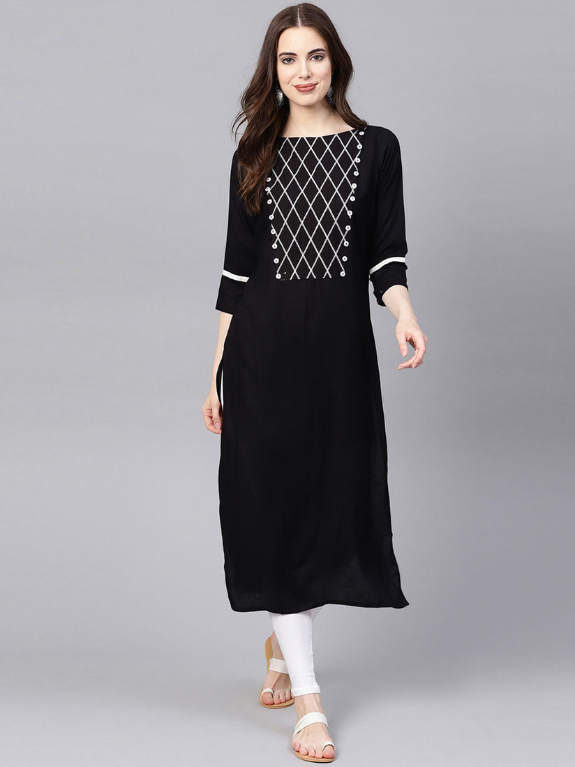 Jaipur Kurti Black Solid Straight Rayon Kurta